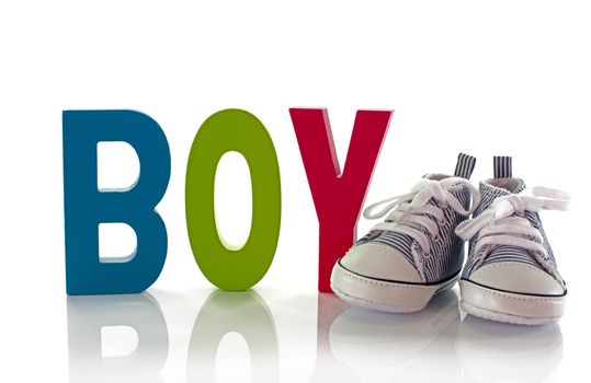 small baby shoes with wooden boy text