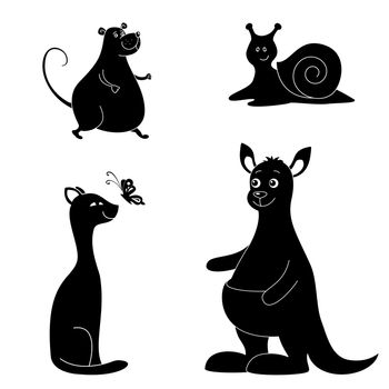 Cartoon animals: rat, snail, cat, butterfly, kangaroo. Black silhouettes on white background.
