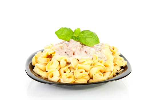 plate with tortellini pasta and sauce over white background