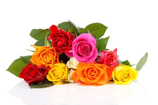 Pile of colorful roses over white background