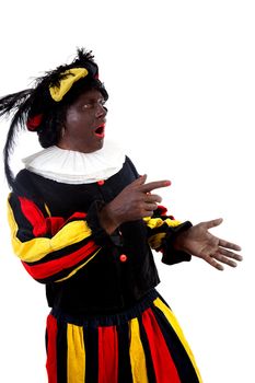 Zwarte piet ( black pete) typical Dutch character part of a traditional event celebrating the birthday of Sinterklaas in december over white background is showing