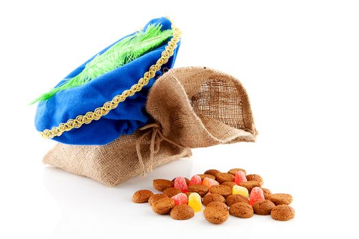 Typical Dutch celebration: Sinterklaas with bag and ginger nuts, ready for the kids in december. Isolated on white background