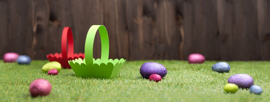 Chocolate Easter eggs in an outdoor setting