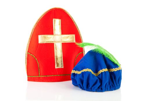Mitre ( mijter) of Sinterklaas and hat of black pete ( zwarte piet), typcal Dutch feast in december over white background