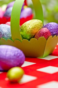 Easter eggs in basket in a spring setting