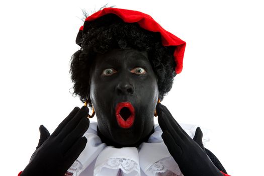 Zwarte piet ( black pete) typical Dutch character part of a traditional event celebrating the birthday of Sinterklaas in december over white background is looking surprised