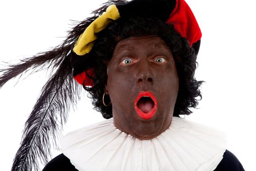 Zwarte piet ( black pete) typical Dutch character part of a traditional event celebrating the birthday of Sinterklaas in december over white background