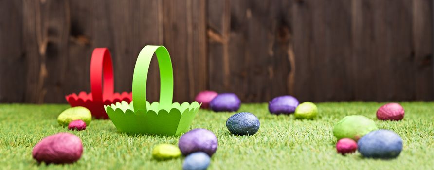 Chocolate Easter eggs in an outdoor setting