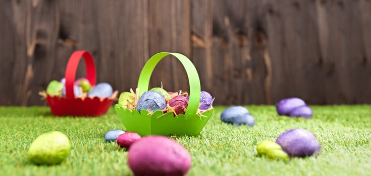 Chocolate Easter eggs in an outdoor setting