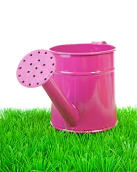 Pink watering can on grass over white background
