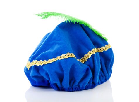 Blue hat of black Peter with green feather over white background