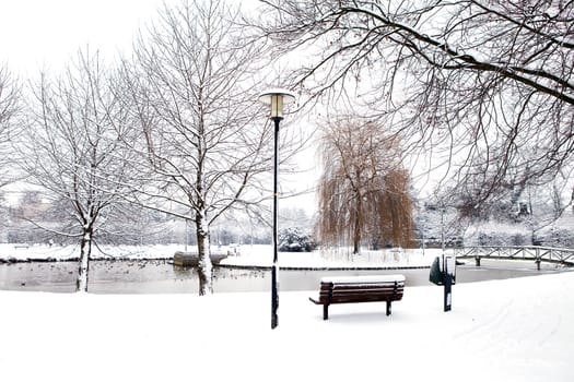 Dutch park in wintertime covered with snow