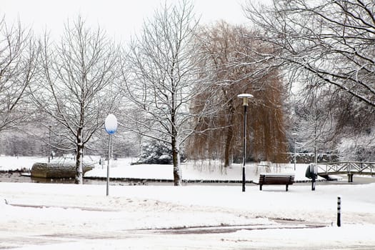 Dutch park in wintertime covered with snow