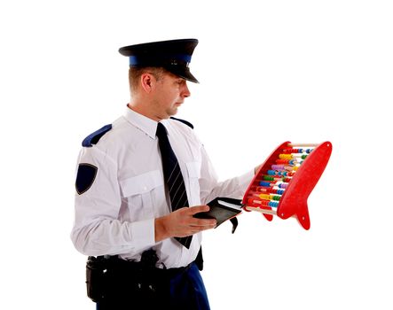 Dutch police officer is counting vouchers quotas with abacus over white background