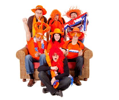 Group of Dutch soccer fan watching game over white background