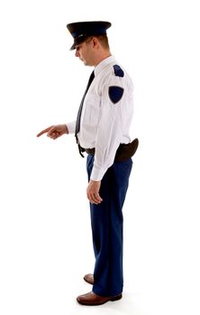Dutch police officer gives a scolding over white background