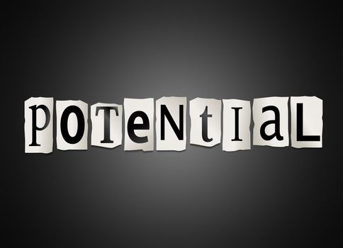 Illustration depicting cutout printed letters arranged to form the word potential.