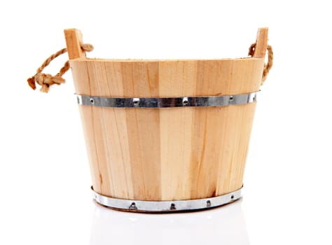 wooden bucket for spa or sauna isolated on white background