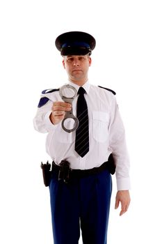 Police officer is showing handcuffs over white background