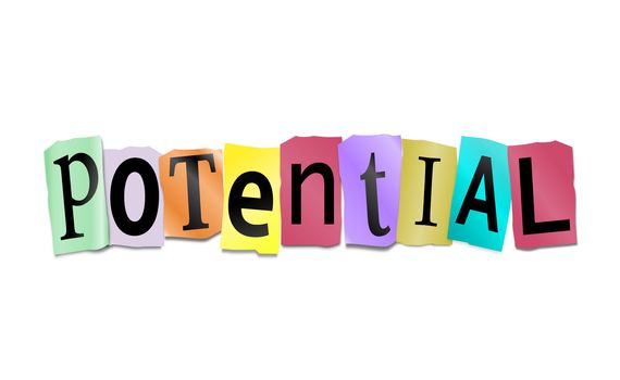 Illustration depicting cutout printed letters arranged to form the word potential.