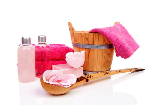 pink accessory for spa or sauna over white background