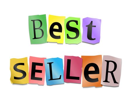 Illustration depicting cutout printed letters arranged to form the words best seller.