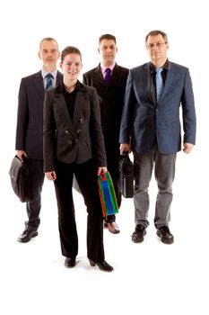 Four business people standing over white background