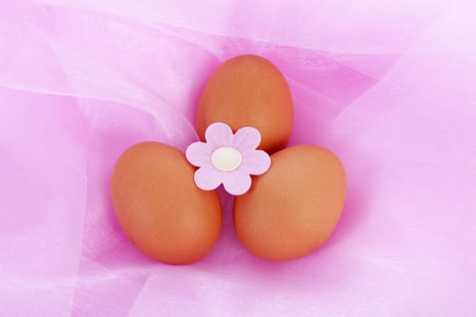 Easter chicken eggs and flower over pink fabric in closeup