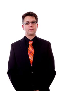 Businessman is looking into camera over white background