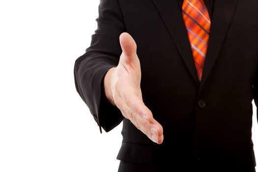 Businessman handshake in closeup over white background