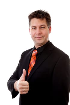 businessman is pleased with thumbs up, isolated on white background