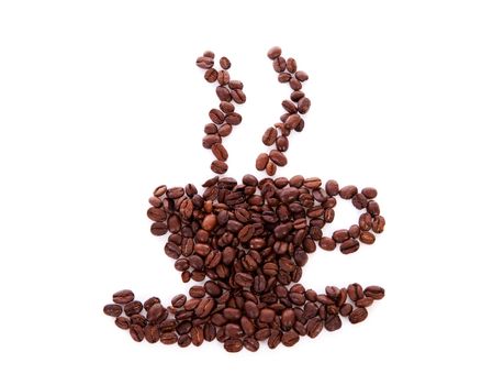 Coffee beans arranged into a shape of cup with steam over white background

