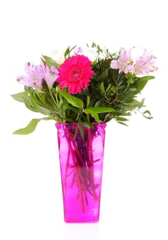 Bouquet of purple and pink flowers over white background