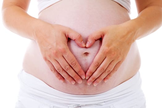 pregnant belly with hands in the shape of hearts over white background
