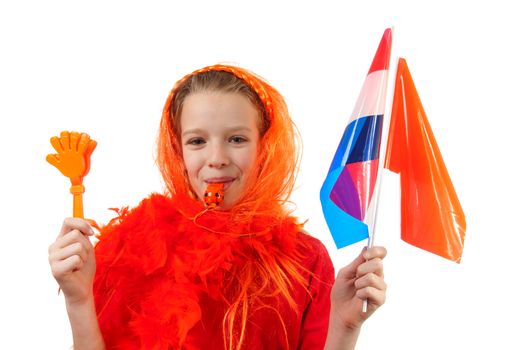 Girl is posing in orange outfit for soccer game over white background