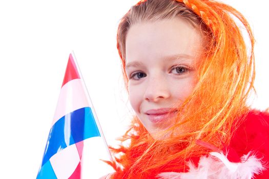 Girl is posing in orange outfit for soccer game over white background