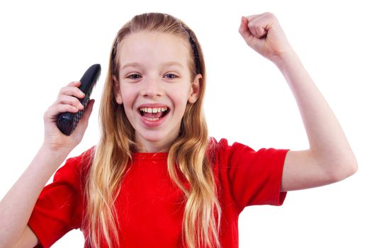 Happy Girl is calling on the phone over white background