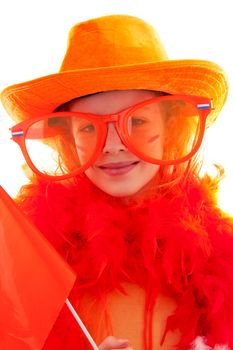 Girl is posing in orange outfit for soccer game or Dutch queensday over white background