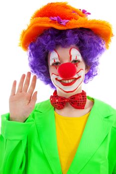 portrait of child dressed as colorful funny clown over white background