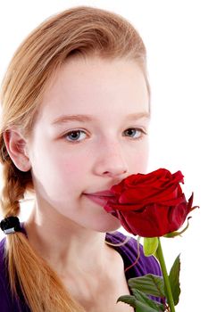 young girl smelling a red rose in closeup over white background