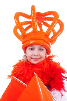 Girl with big blown up orange crown for Dutch soccer game or Queens day over white background