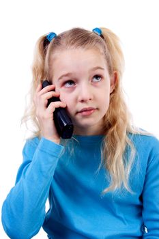 Girl is calling on the phone over white background