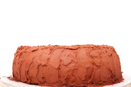 delicious chocolate cake in closeup over white background