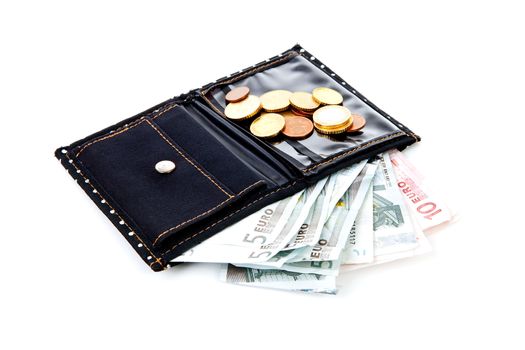 black wallet with euro money over white background