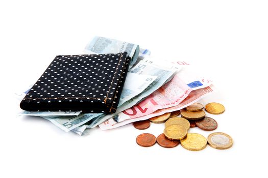 black wallet with euro money over white background