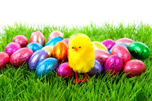 colorful easter eggs and yellow chicken on grass over white background