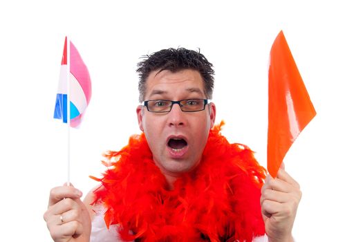 Man is posing in orange outfit for soccer game over white background