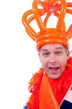 Man is posing in orange outfit for soccer game over white background