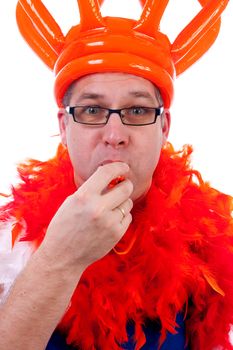 Man is posing in orange outfit for soccer game over white background