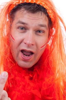 Man is posing in orange outfit for soccer game over white background